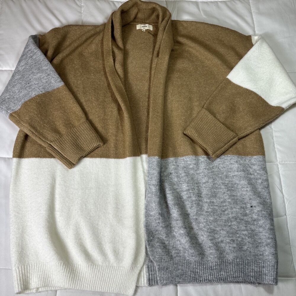 Entro Colorblock Oversized Open Front Cardigan Brown Gray White Medium